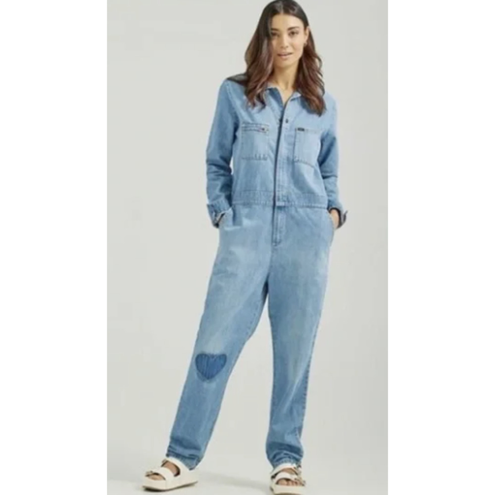 Lee Medium Wash Long Sleeve Denim Jumpsuit with Heart Patch Size Large